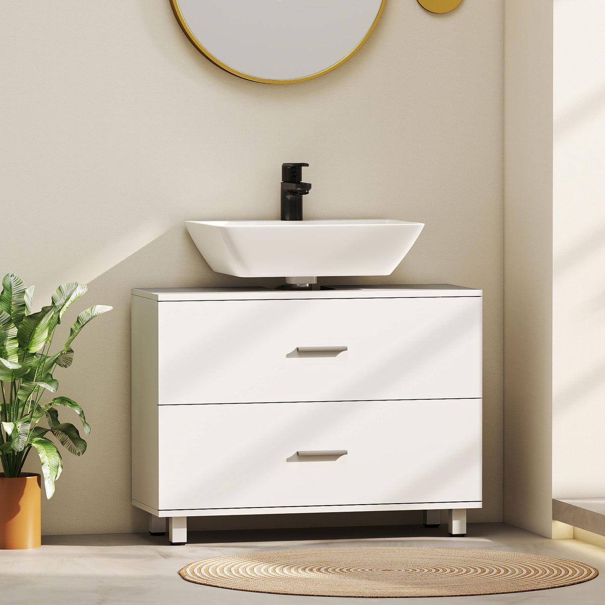 Meuble sous lavabo, meuble de salle de bain avec 2 tiroirs, style moderne, 80 x 30 x 60 cm, blanc