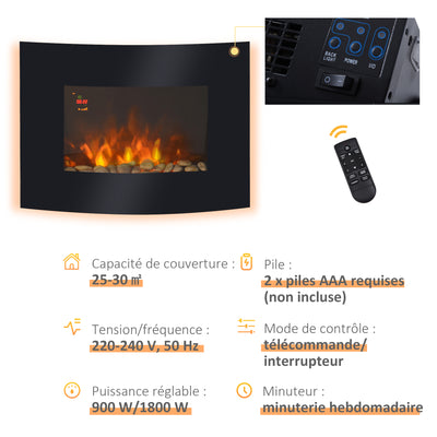 Cheminée électrique Murale éclairages latéraux LED Design Avant-gardiste Affichage LED avec télécommande et minuterie 900/1800 W luminosité réglable Noir