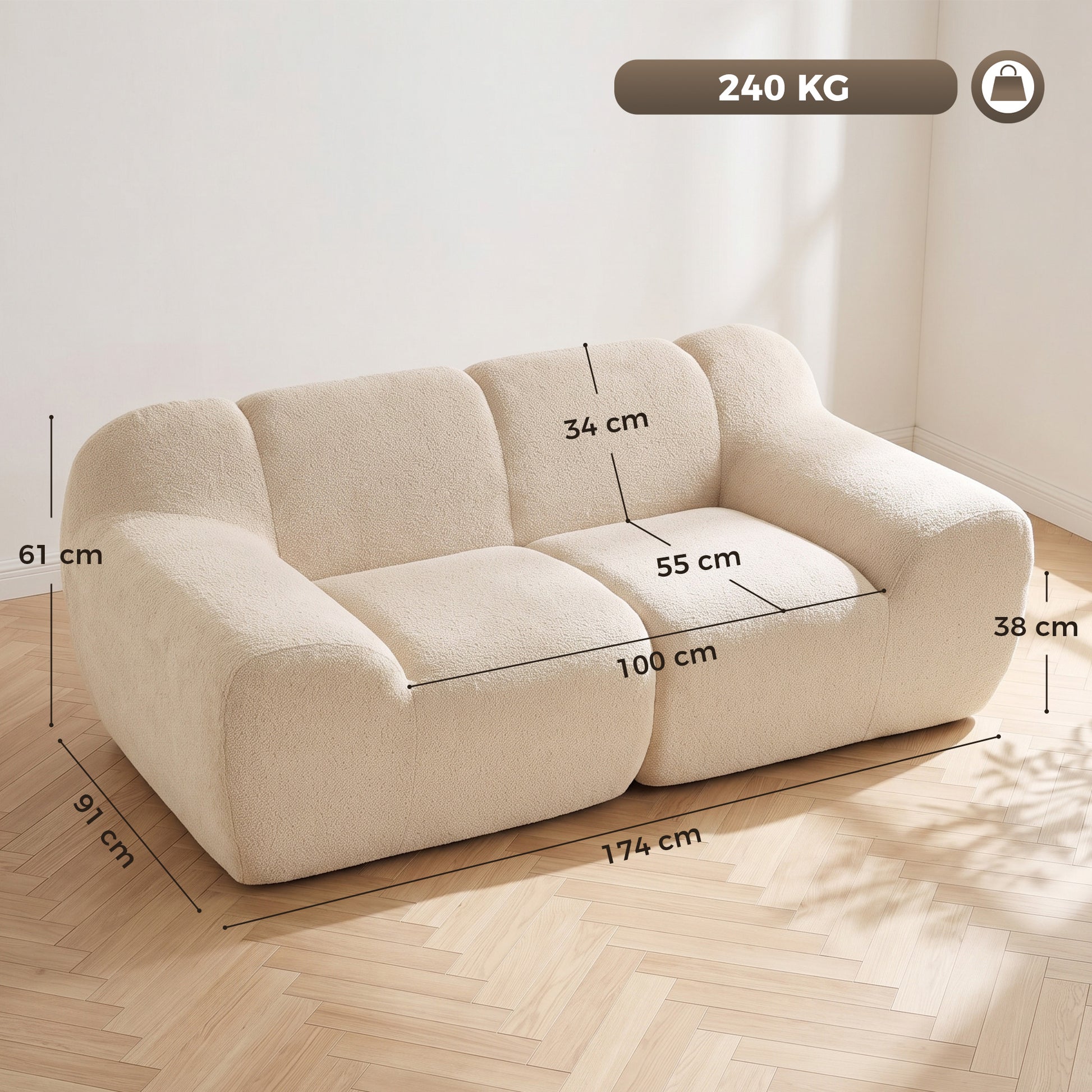 Canapé 2 Places en Chenille, Canapé de Salon 174cm, Assise et Accoudoirs Larges Rembourrés, Entièrement Compressé, Beige