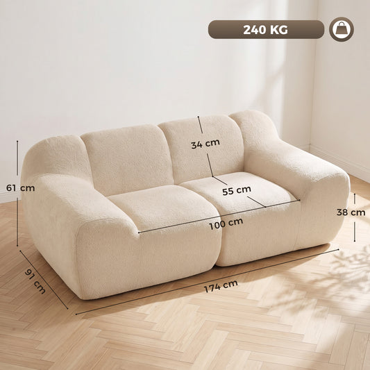 Canapé 2 Places en Chenille, Canapé de Salon 174cm, Assise et Accoudoirs Larges Rembourrés, Entièrement Compressé, Beige