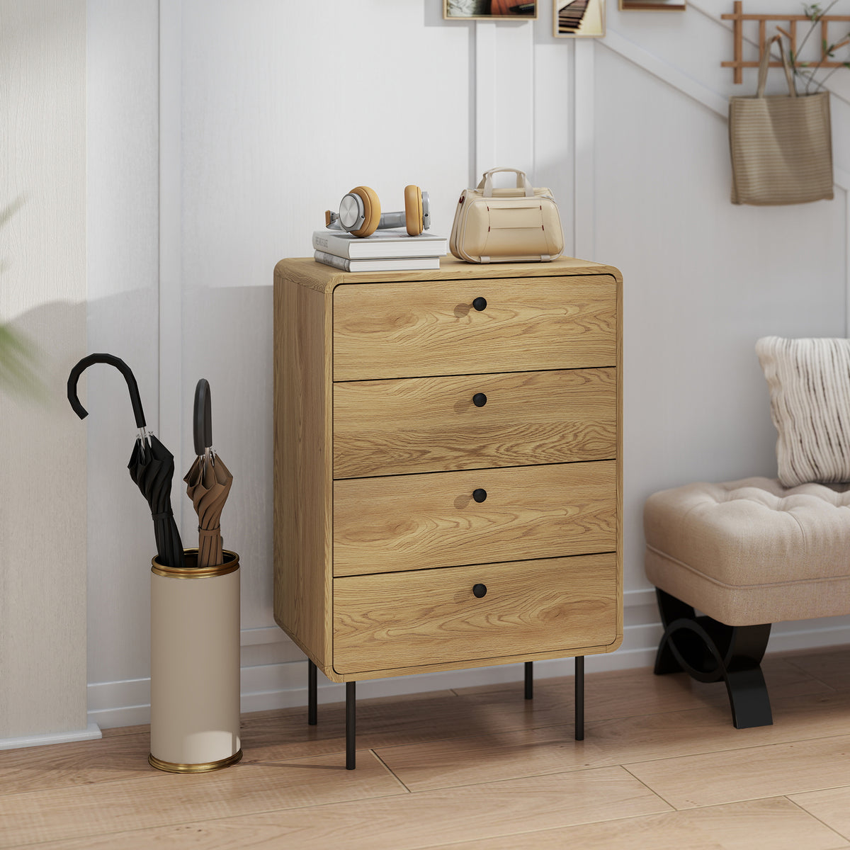 Commode 4 tiroirs, meuble de rangement étroit avec pieds en acier, coins arrondis, 60 x 39 x 91,5 cm, chêne