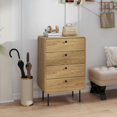 Commode 4 tiroirs, meuble de rangement étroit avec pieds en acier, coins arrondis, 60 x 39 x 91,5 cm, chêne