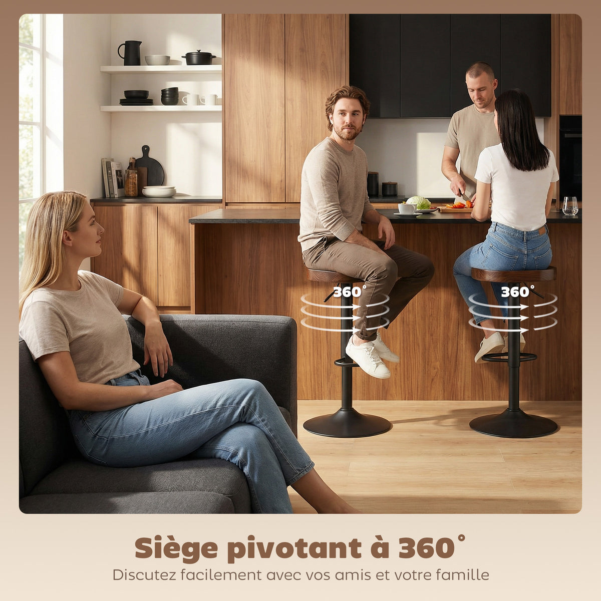 Tabourets de Bar Lot de 2 Réglables Pivotants Chaises de Cuisine avec Siège en Bois d'Orme Marron Foncé