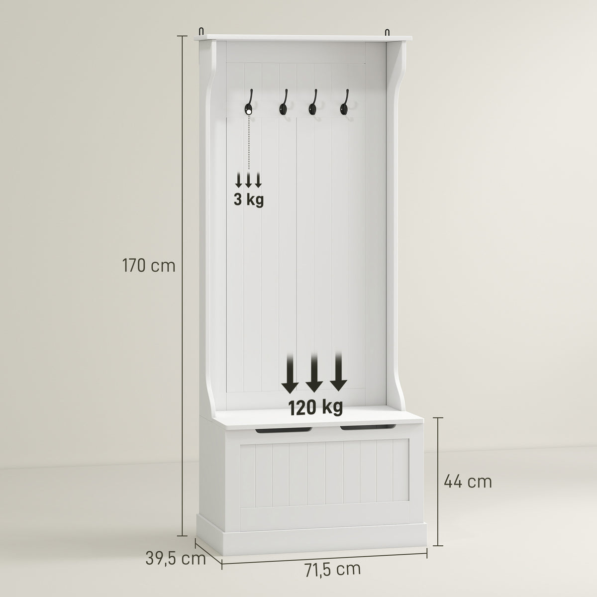 Meuble d'entrée 4 en 1, vestiaire d'entrée avec banc de rangement et 4 crochets doubles, 71,5 x 39,5 x 170 cm, blanc