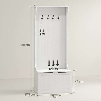 Meuble d'entrée 4 en 1, vestiaire d'entrée avec banc de rangement et 4 crochets doubles, 71,5 x 39,5 x 170 cm, blanc