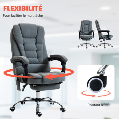 Fauteuil de bureau massant et chauffant, chaise de bureau, hauteur réglable, dossier inclinable, 65x70x111-119cm, gris