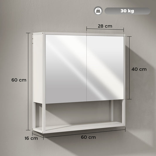 Armoire murale salle de bain avec miroir, meuble salle de bain, 2 portes miroir, étagère ouverte 60 x 16 x 60 cm blanc