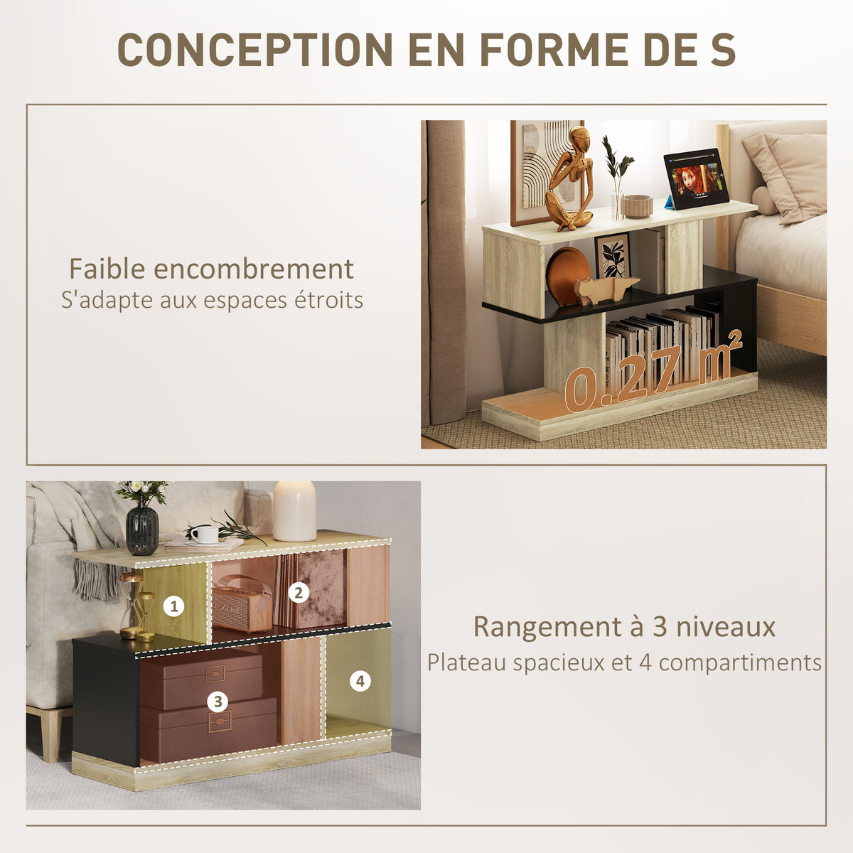 Table d'appoint en forme S, bout de canapé à 3 niveaux étagères de rangement, 90 x 30 x 61 cm, effet bois naturel noir