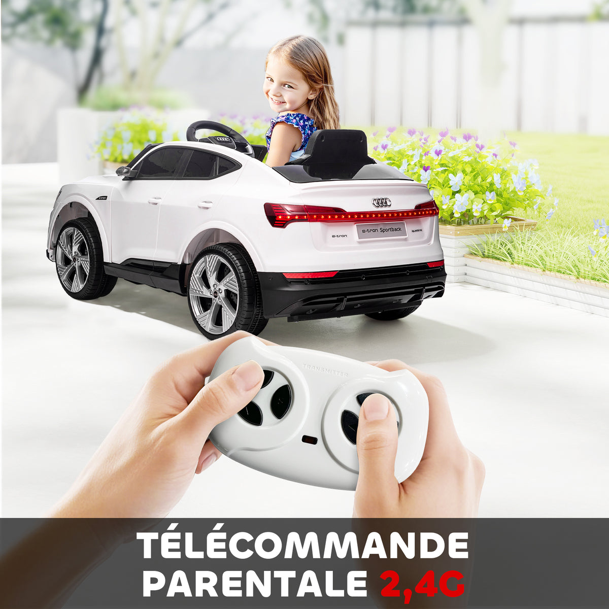 Voiture électrique enfants sous Licence Audi e-tron Sportback, véhicule électrique 12V Max. 5 Km/h avec télécommande 2,4G, phares LED, musique, klaxon, port USB, MP3, blanc