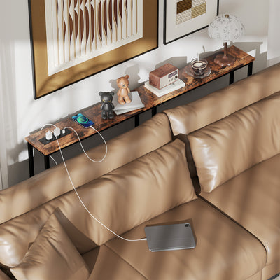 Table console étroite style industriel avec prises de courant et USB, pour salon entrée couloir, 160x20x80cm, marron