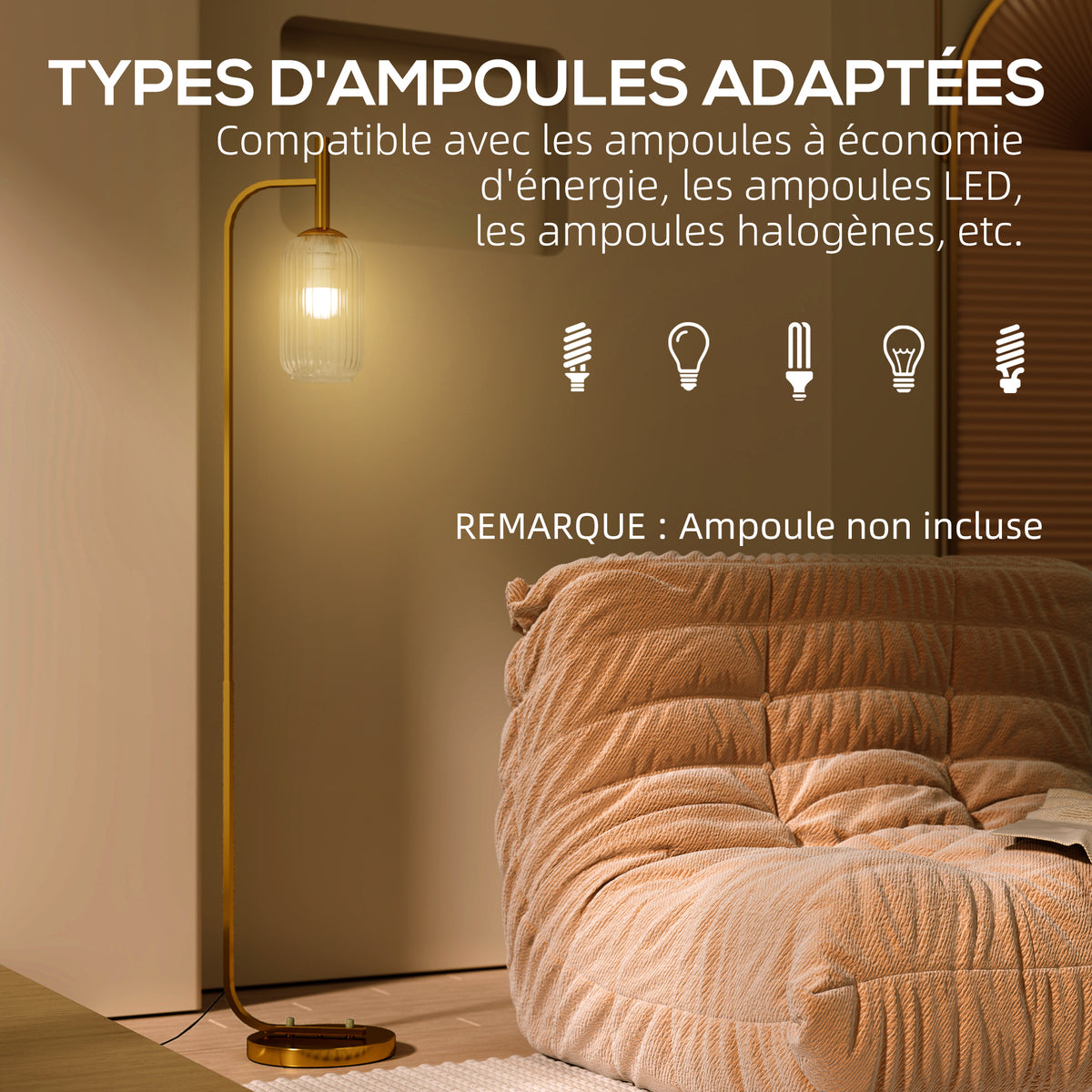Lampadaire sur pied salon lampe sur pied avec abat-jour en verre texturé interrupteur à pied 29 x 25 x 152 cm métal or Aosom