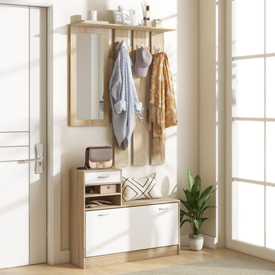 Meuble d'entrée vestiaire avec panneau porte-manteau, miroir et banc à chaussures - 6 crochets et étagère réglable