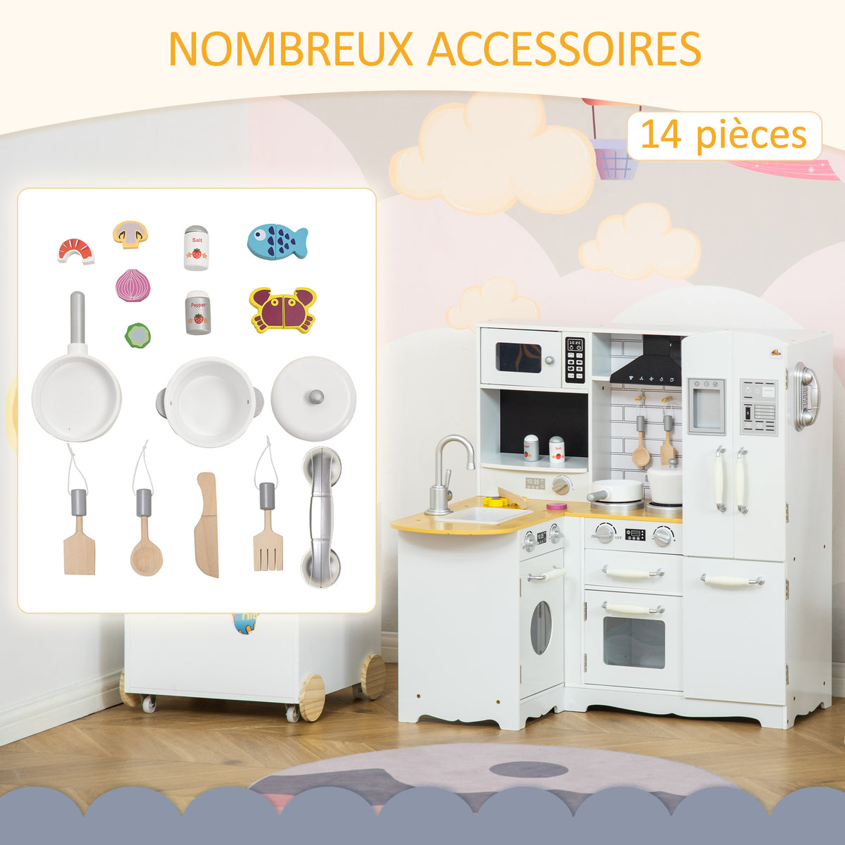 Cuisine pour Enfant 3-6 ans Jeu d'imitation Nombreux Accessoires rangements évier, robinet, four, micro-ondes, hotte, téléphone et réfrigérateur Blanc