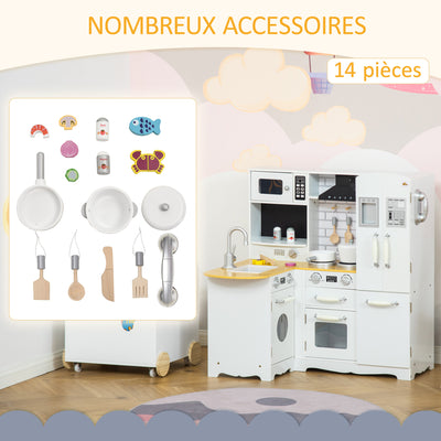 Cuisine pour Enfant 3-6 ans Jeu d'imitation Nombreux Accessoires rangements évier, robinet, four, micro-ondes, hotte, téléphone et réfrigérateur Blanc