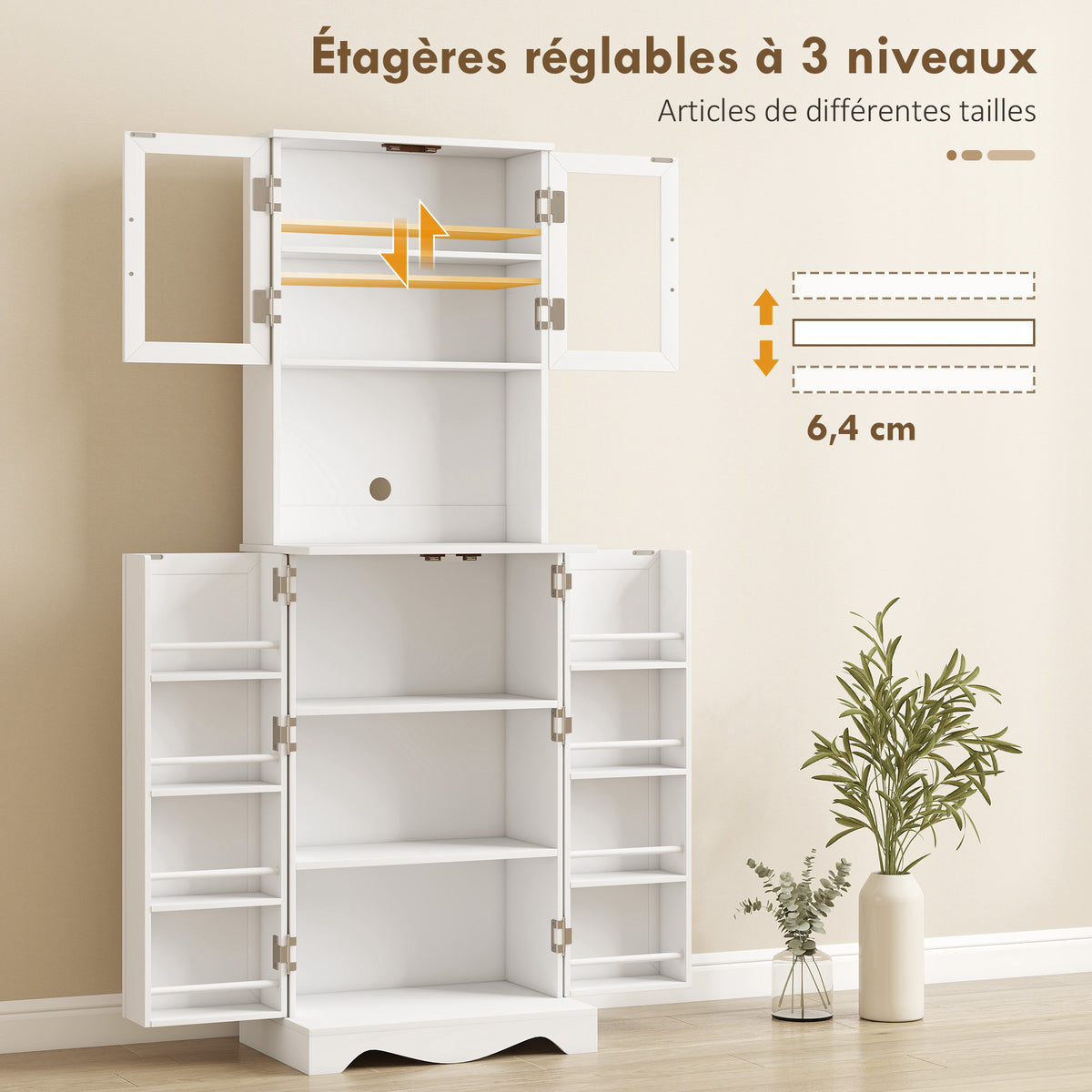 Buffet haut cuisine armoire de cuisine 4 portes 8 porte-épices plan de travail étagère réglable 60x39,5x179,6cm blanc