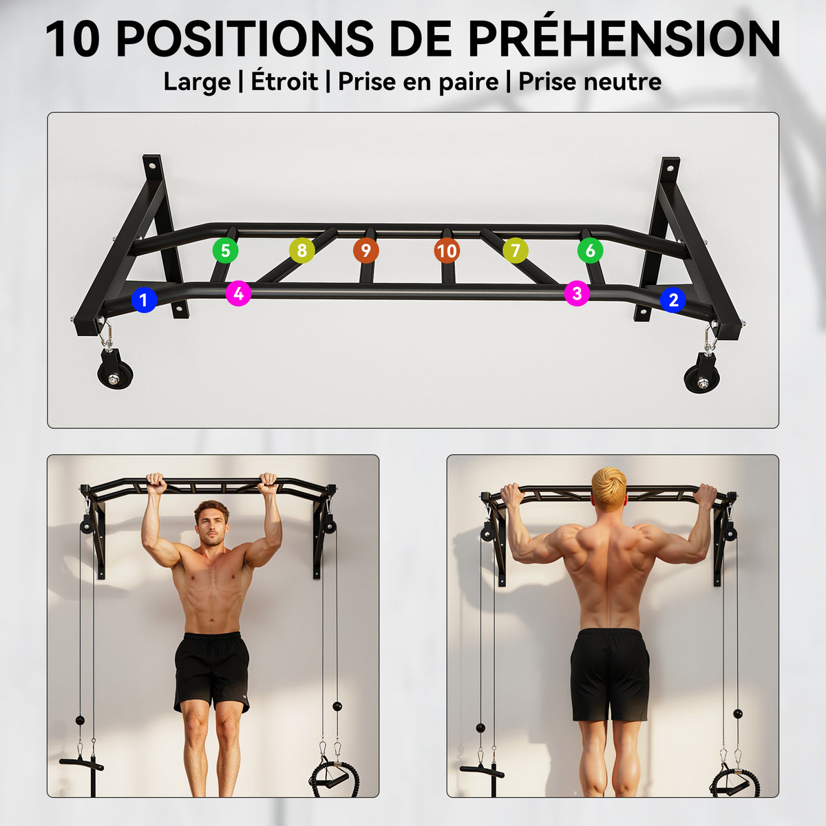 Barre de traction murale barre de fitness multi-prise système de poulie à câble charge 200kg, acier 126x60x45,5cm, noir