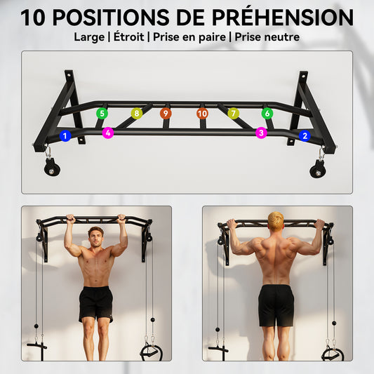 Barre de traction murale barre de fitness multi-prise système de poulie à câble charge 200kg, acier 126x60x45,5cm, noir