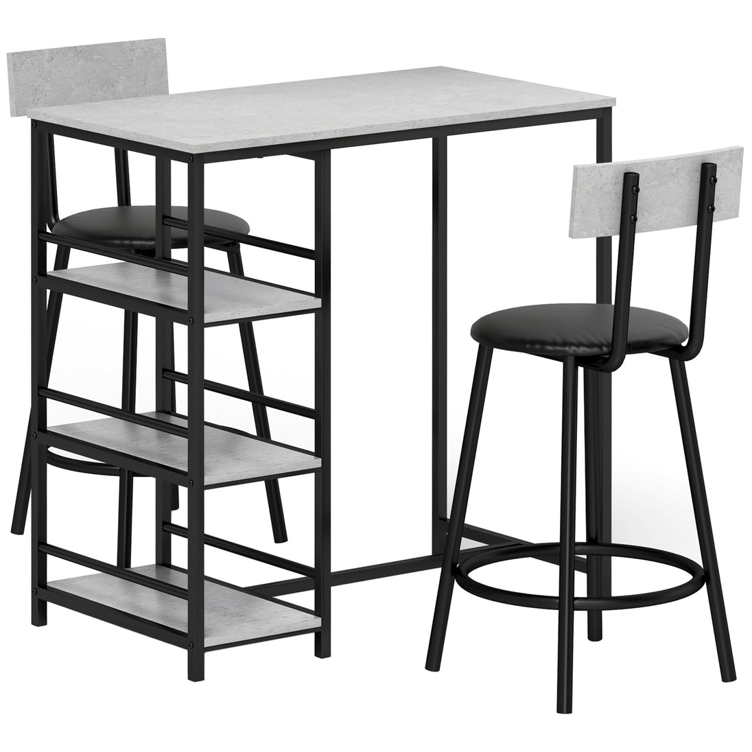 Ensemble table de bar avec 2 tabourets et étagères de rangement pour salle à manger, cuisine, gris et noir Aosom