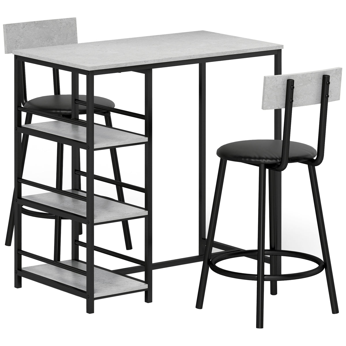 Ensemble table de bar avec 2 tabourets et étagères de rangement pour salle à manger, cuisine, gris et noir Aosom
