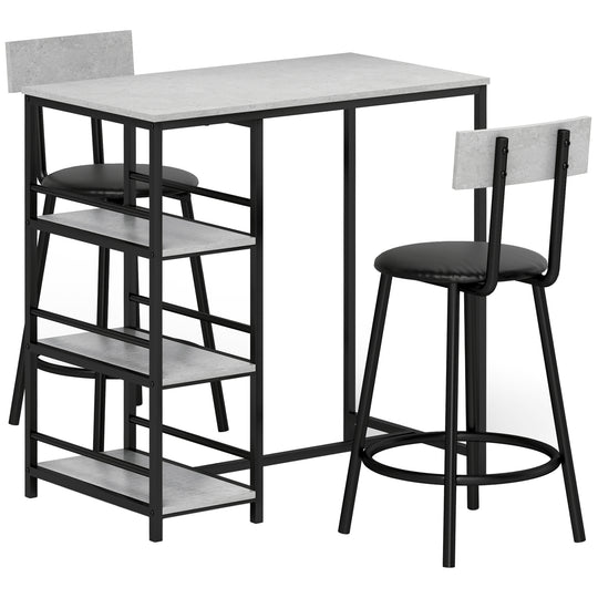 Ensemble table de bar avec 2 tabourets et étagères de rangement pour salle à manger, cuisine, gris et noir Aosom