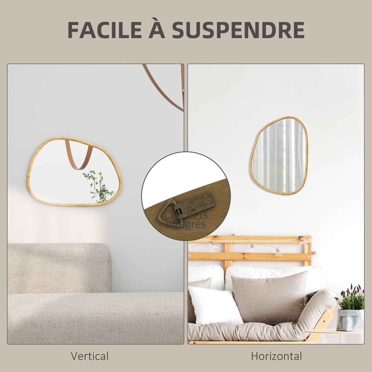Miroir mural miroir décoratif forme organique avec cadre en bois horizontal ou vertical 70 x 50 cm naturel