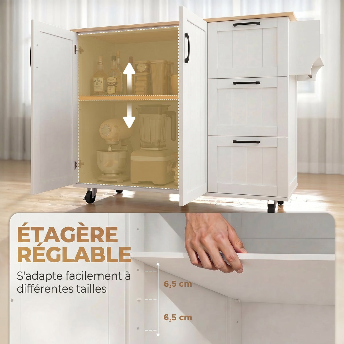 Îlot Central Cuisine avec Plateau Rabattable 2 Prises et 2 Ports USB Desserte de Cuisine sur Roulettes 3 Tiroirs Blanc