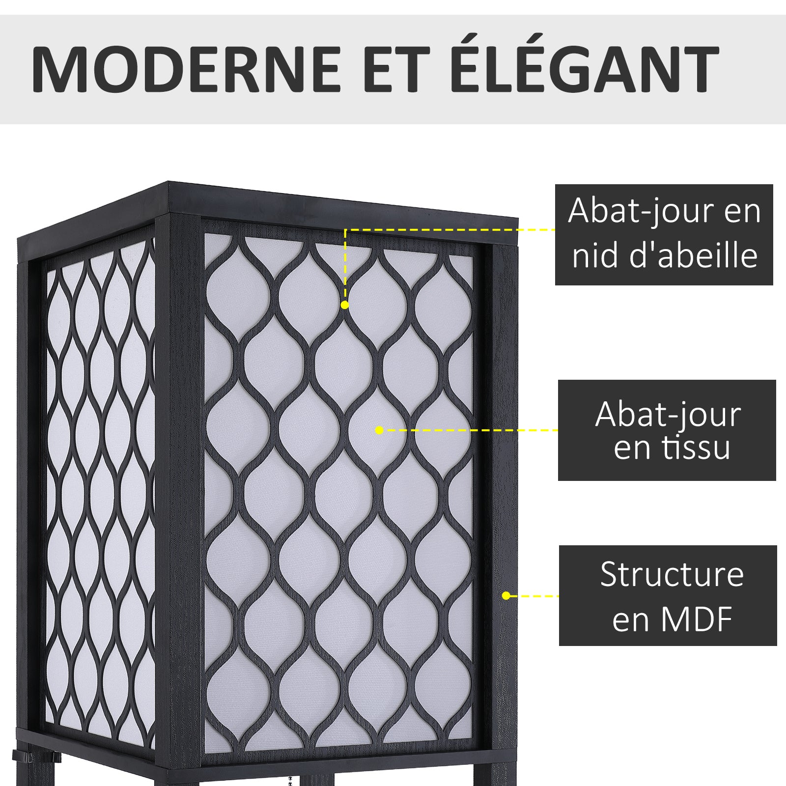 Lampadaire étagère Lampe étagère 26L x 26l x 160H cm 4 Niveaux MDF Noir Motif nid d'abeille