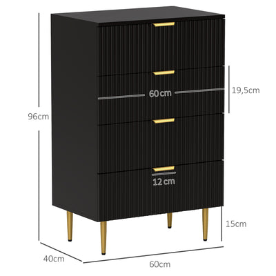 Commode 4 tiroirs commode chambre meuble de rangement moderne avec poignées et pieds dorés, dim. 60 x 40 x 96 cm, noir