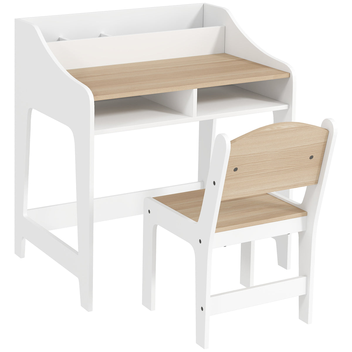 Ensemble bureau et chaise pour enfant 3 à 8 ans avec compartiments et étagères ouverts, effet bois naturel