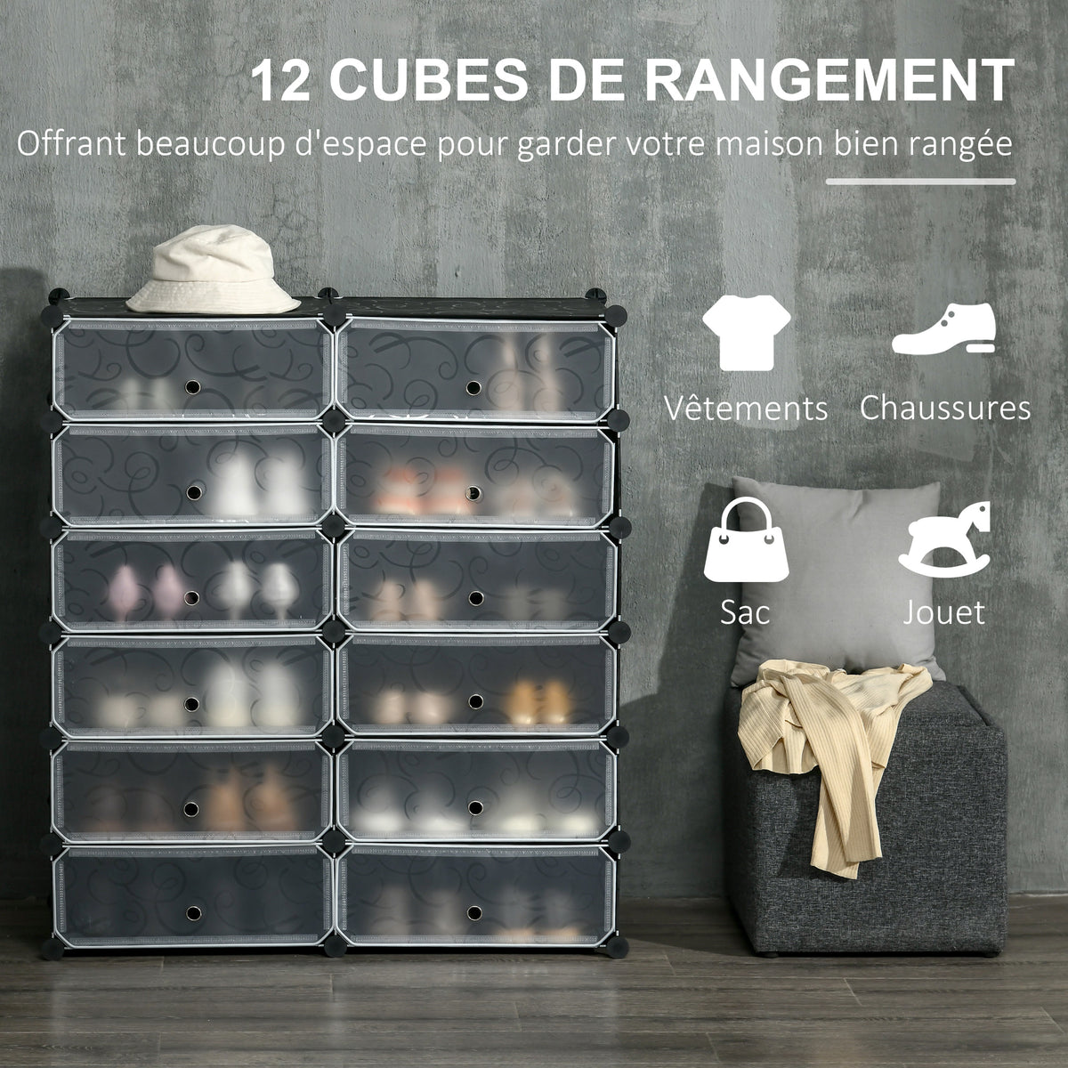 Armoire meuble à chaussures modulable 94L x 37l x 108H cm 12 cubes rectangulaires capacité 24 paires de chaussures