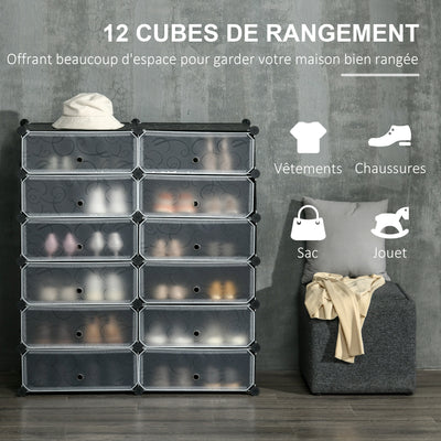 Armoire meuble à chaussures modulable 94L x 37l x 108H cm 12 cubes rectangulaires capacité 24 paires de chaussures