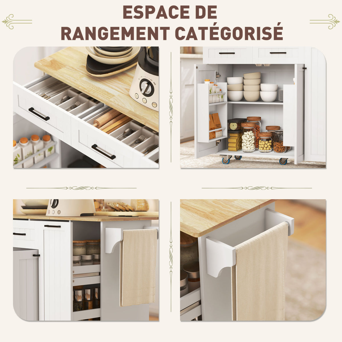 Îlot central cuisine mobile avec prise de courant et port USB, tablette à abattant, étagère réglable blanc