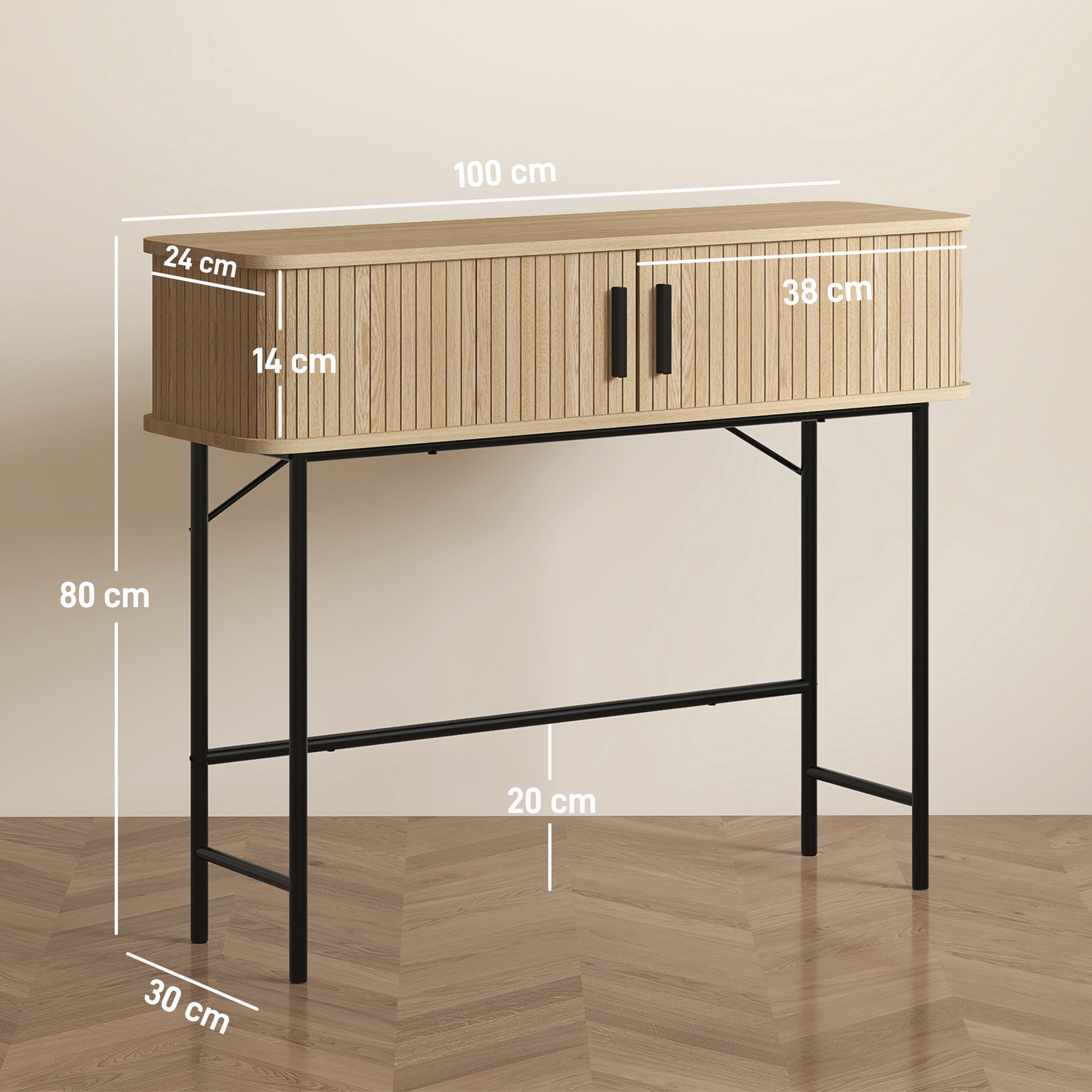 Console meuble, table console avec portes coulissantes à lattes et pieds en acier, pour salon, chêne et noir