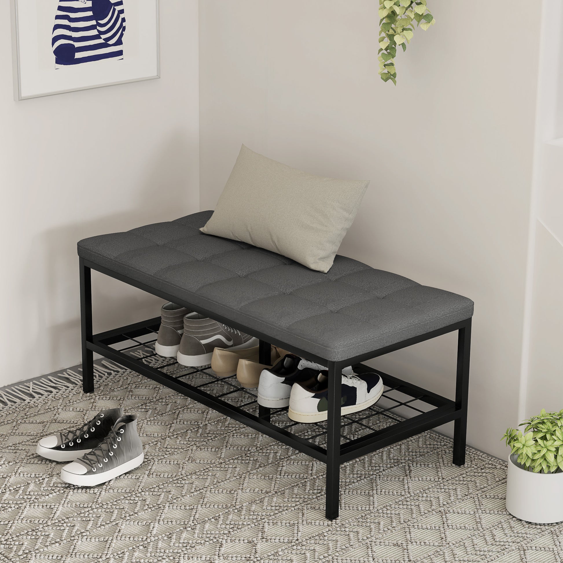 Banc à chaussures avec coussin rembourré et étagère de rangement, banc d'entrée pour couloir, chambre, 90x41x40cm, gris