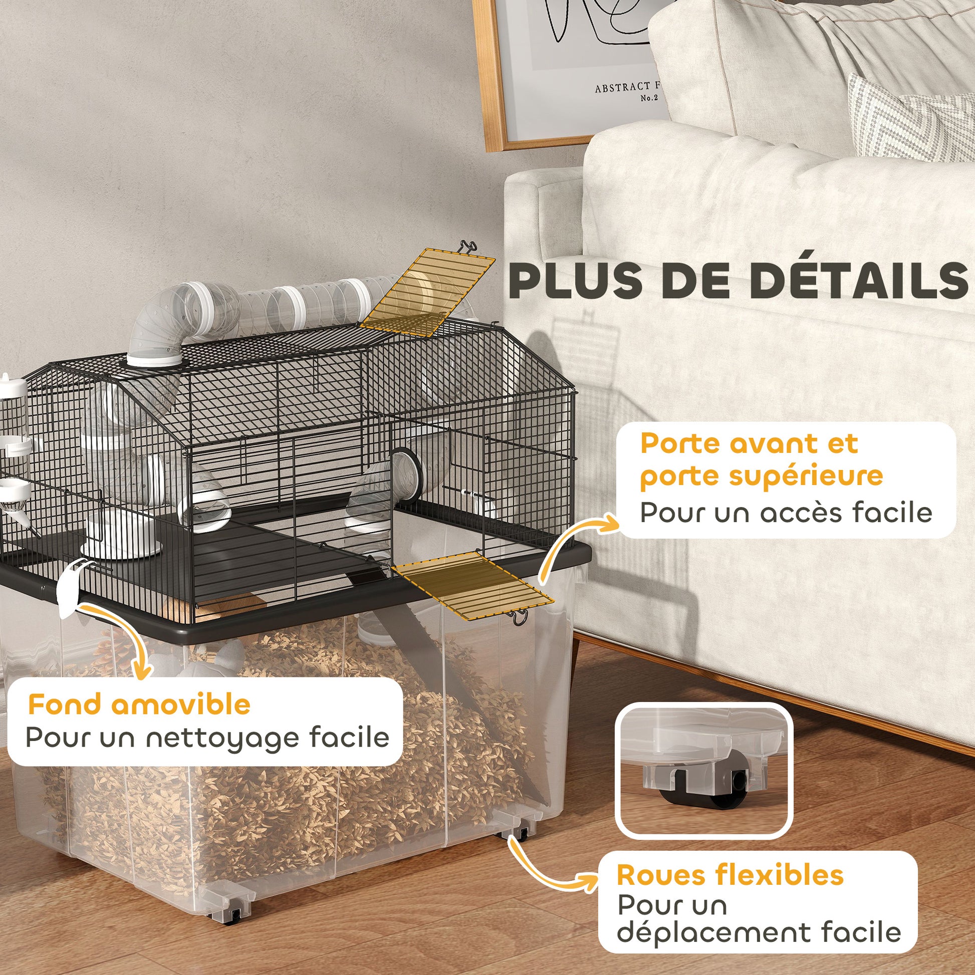 Cage pour hamster portable cage pour hamster avec rampe, gamelle, bouteille d'eau système de tuyaux 58 x 43 x 57 cm noir