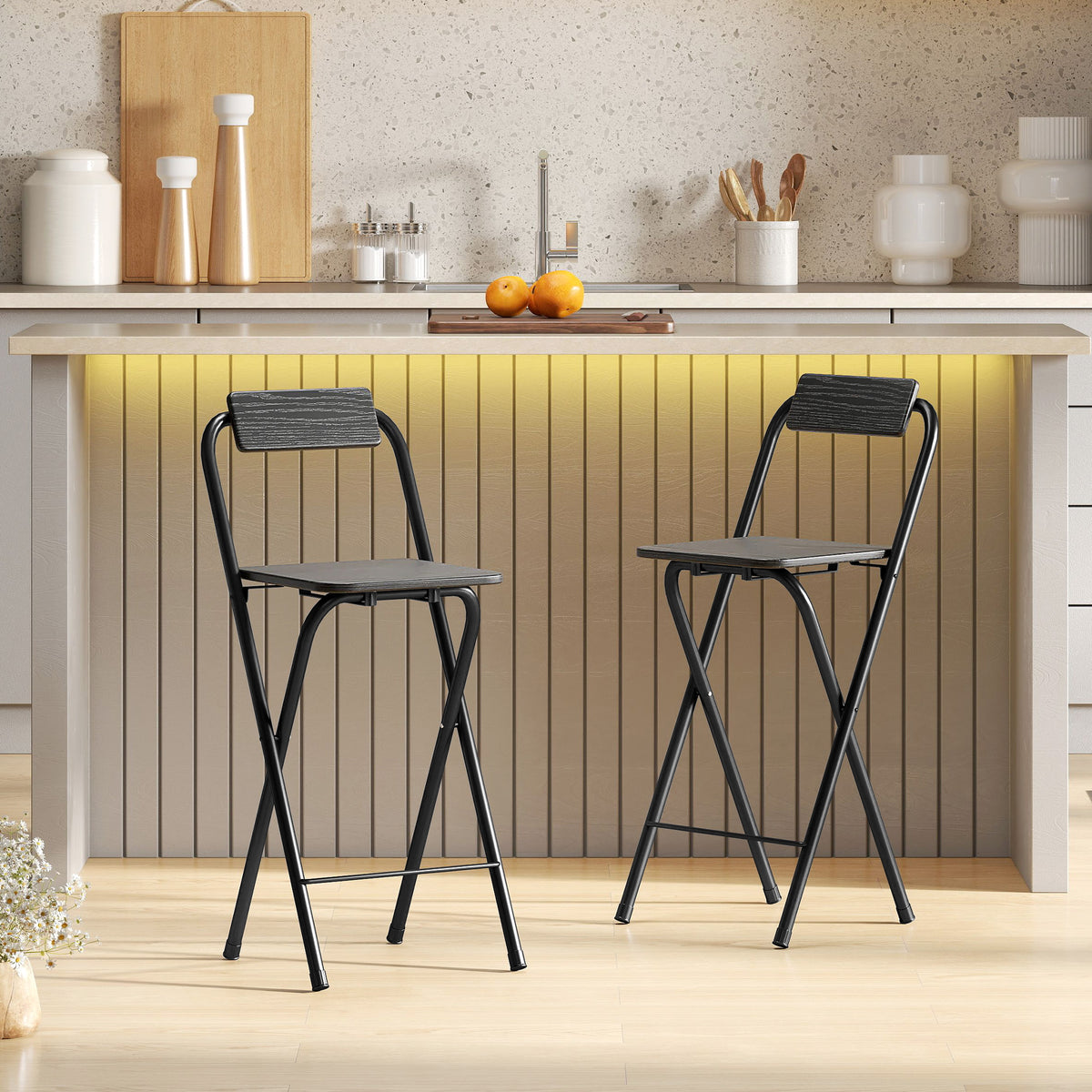 Lot de 2 tabourets de bar pliables avec dossier et repose-pieds, cadre en acier, 87 cm de haut, noir