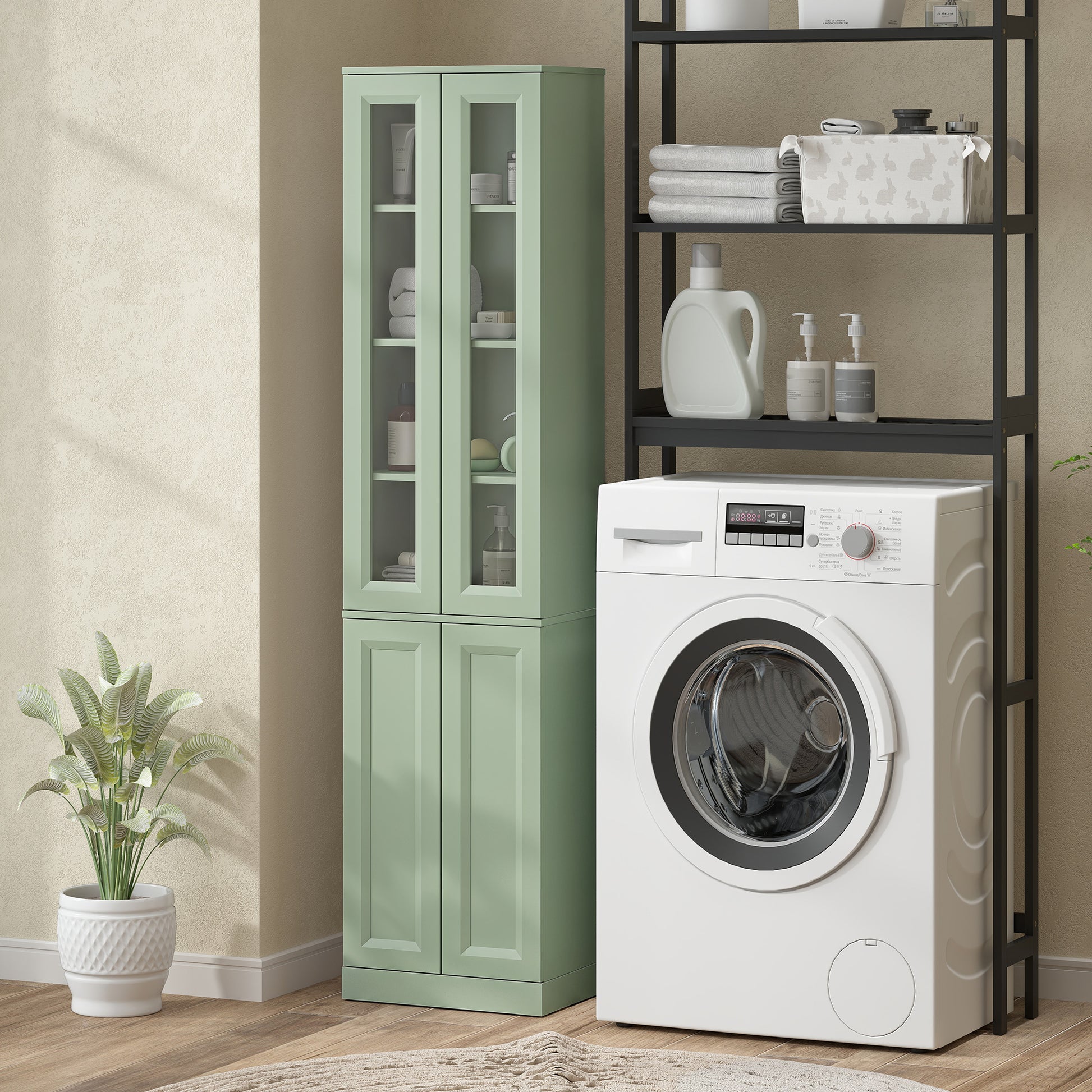 Meuble de Salle de Bain 6 niveaux, Meuble de Rangement avec 4 Portes à Fermeture Douce et Étagères Réglables, Vert
