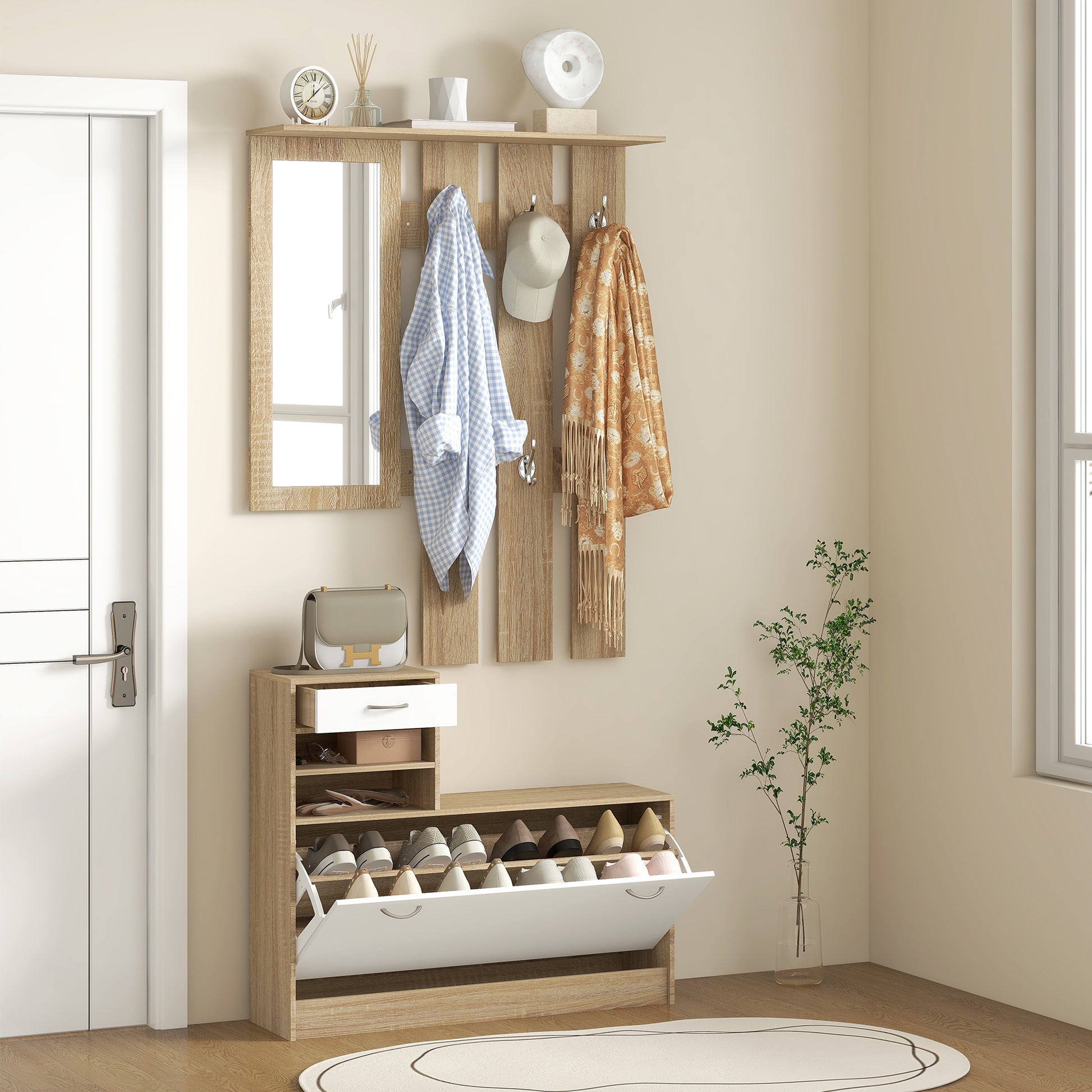 Meuble d'entrée vestiaire avec panneau porte-manteau, miroir et banc à chaussures - 6 crochets et étagère réglable