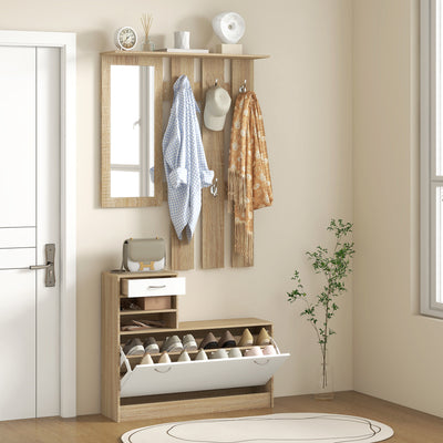 Meuble d'entrée vestiaire avec panneau porte-manteau, miroir et banc à chaussures - 6 crochets et étagère réglable
