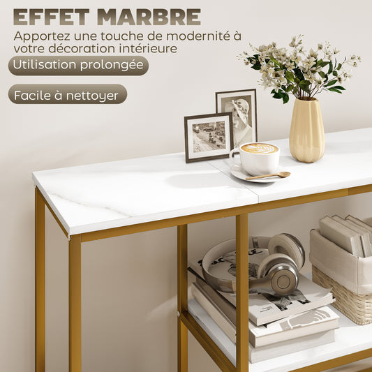 Console meuble 120 cm, table console 3 niveaux avec étagères de rangement, plateaux imitation marbre, blanc et doré