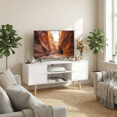 Meuble TV style scandinave 2 portes 2 niches passe-fils piètement bois pin panneaux blanc - 120 x 34 x 50 cm blanc