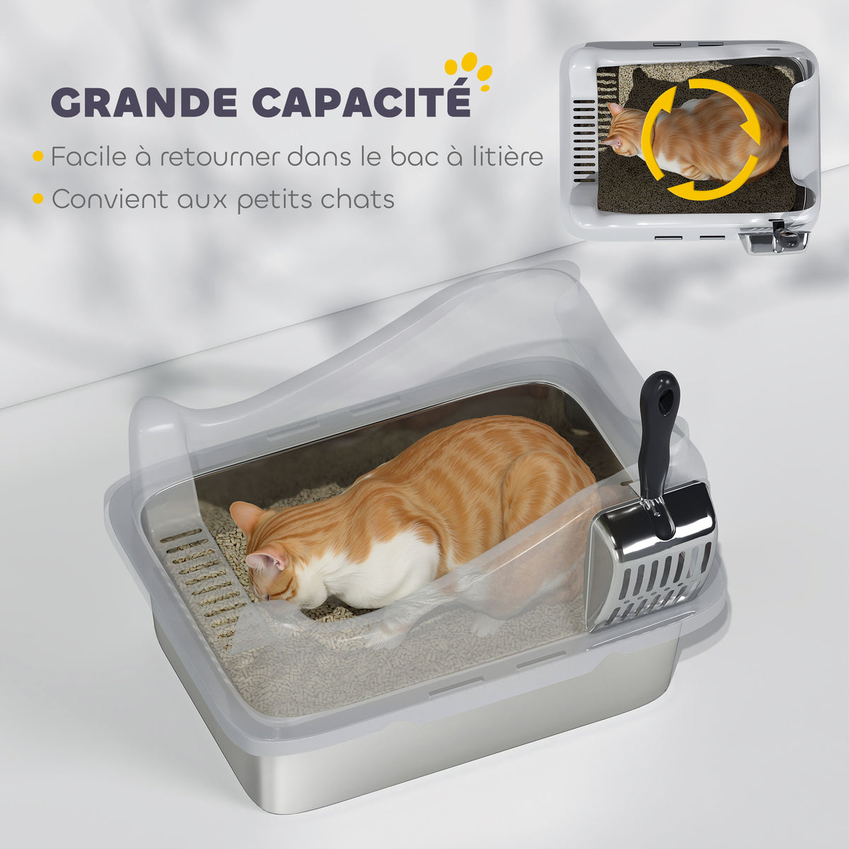 Bac à litière en acier inoxydable, maison de toilette pour chat, bords hauts, nettoyage facile, 43,1x33,2x25,4cm, gris
