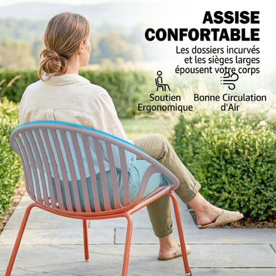 Salon de Jardin Ensemble Bistro 3 Pièces Table Basse à Plateau Concave Acier et Polypropylène 80x70x75cm Rouge Brique