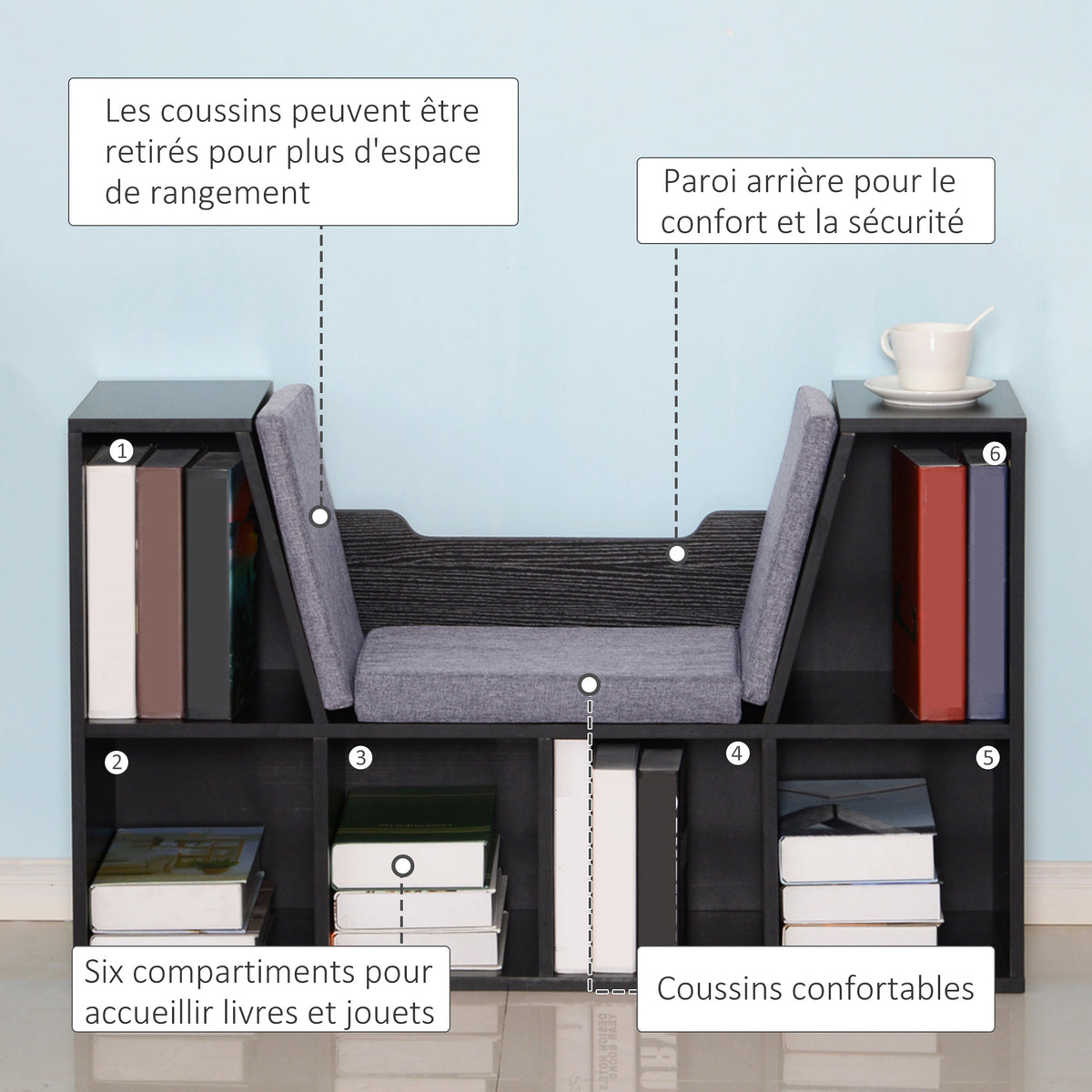 Bibliothèque banc 2 en 1 avec coussins de siège, étagère cube 6 compartiments ouverts et 2 niveaux, meuble de rangement pour salon, chambre à coucher, bureau, 102 x 30 x 61 cm, noir