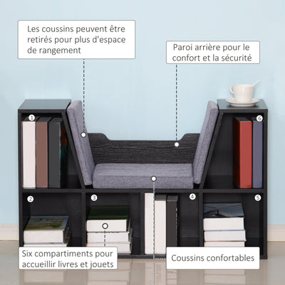 Bibliothèque banc 2 en 1 avec coussins de siège, étagère cube 6 compartiments ouverts et 2 niveaux, meuble de rangement pour salon, chambre à coucher, bureau, 102 x 30 x 61 cm, noir