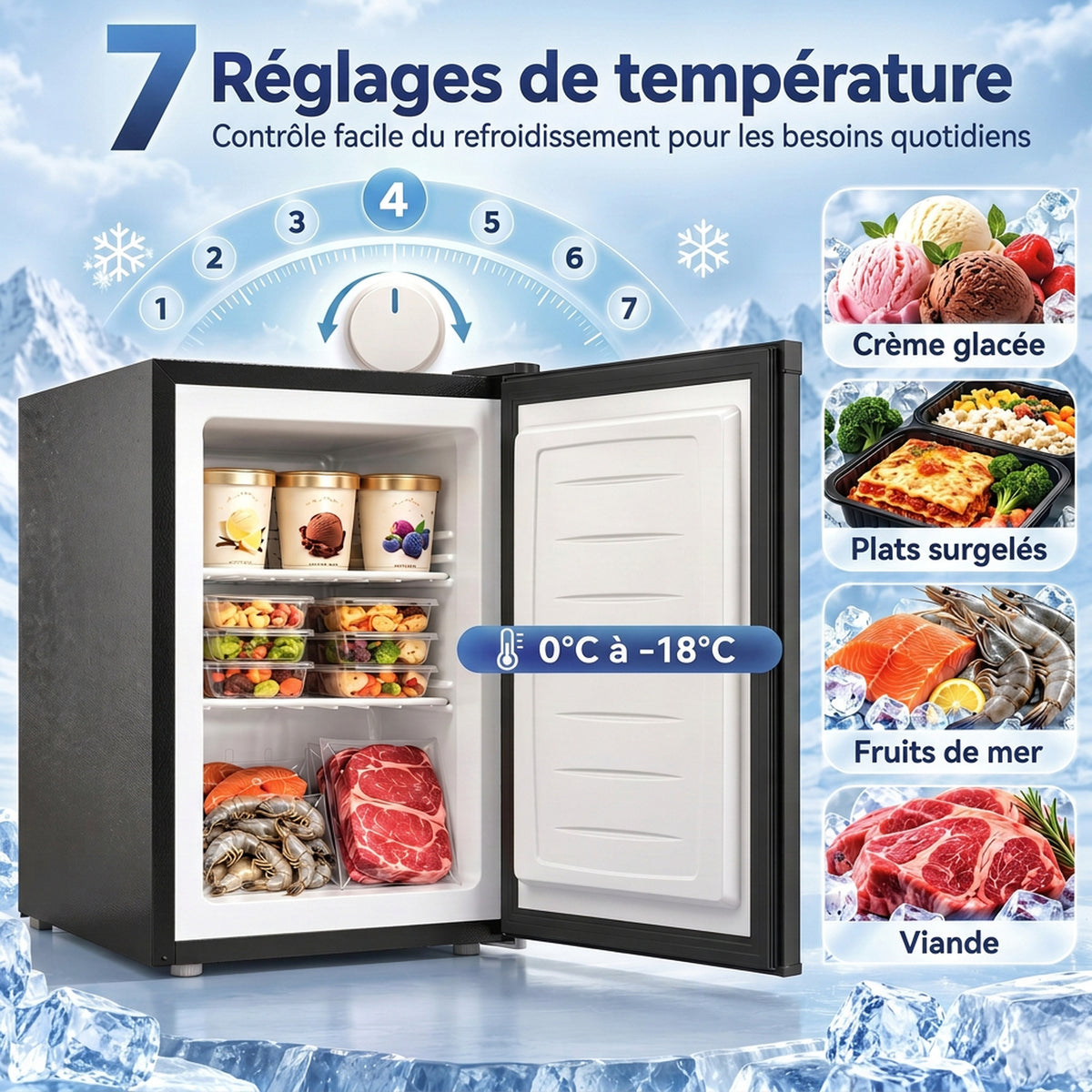 Mini Congélateur 59 L, Petit Congelateur Compact Silencieux Pose Libre, Porte Réversible, Température Réglable, Noir Aosom