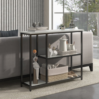 Console meuble 100 cm, table console 3 niveaux, plateaux en effet marbre, cadre en acier, blanc