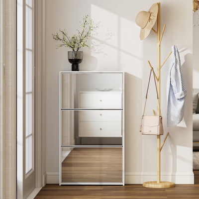 Meuble à chaussures 9 paires, armoire à chaussures étroite, 3 tiroirs rabattables et portes miroirs, 65x17x114,5cm blanc