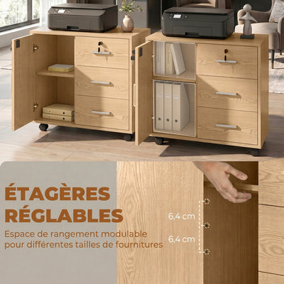 Caisson bureau meuble de rangement verrouillable avec 3 tiroirs et étagère réglable, roulettes, 40 x 60 x 56 cm, marron clair