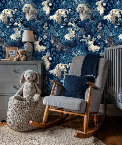 Woodland Dogs and Rabbits Botanical Wallpaper